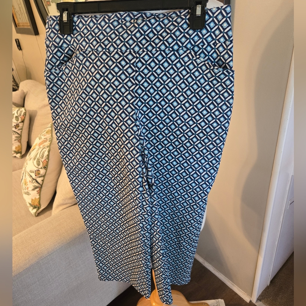 Croft Borrow:Blue and White Geometric Pattern Capri - Picture 1 of 3